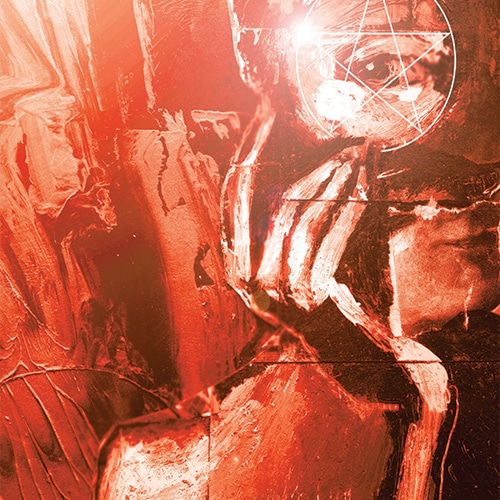 Abstract illustration with a red and white color scheme, featuring a pentagram symbol and geometric shapes, creating a dynamic, intense atmosphere